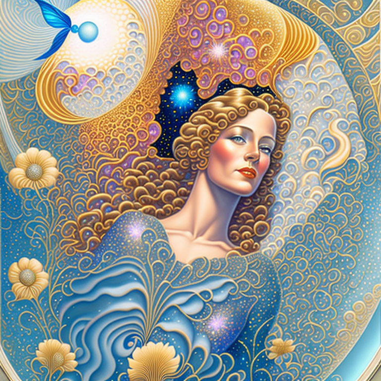 Surreal fusion of cosmic and oceanic motifs featuring a woman.