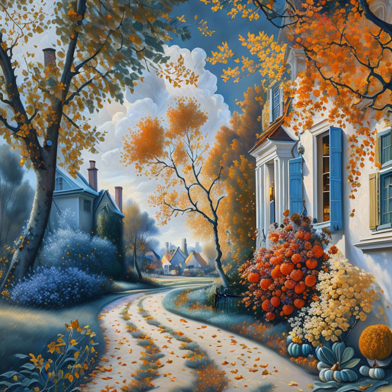 Vibrant autumn foliage and pumpkins in idyllic scene