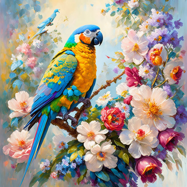 Colorful Blue and Yellow Macaw Painting with Blooming Flowers