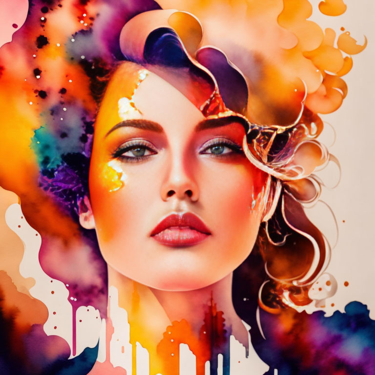 Colorful digital artwork: Woman's face merging with abstract design