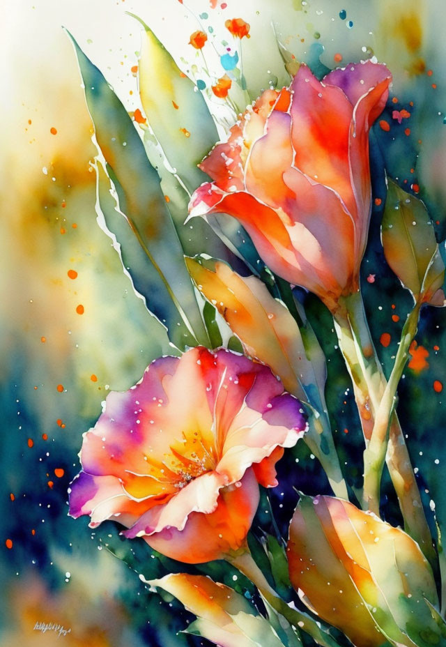 Colorful Watercolor Painting of Gladiolus Flowers in Orange, Yellow, and Pink