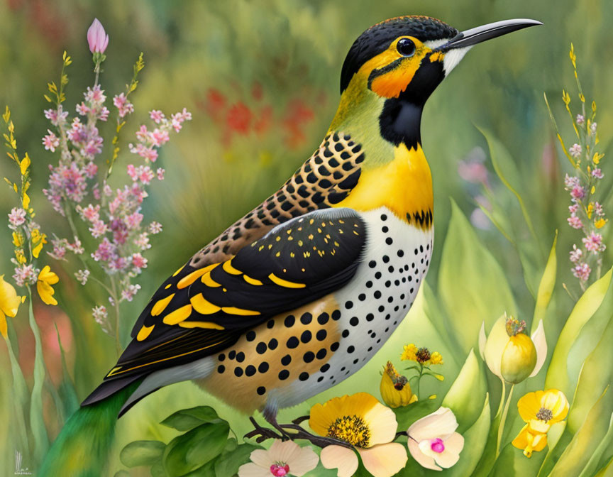 Colorful Bird Painting Among Wildflowers and Greenery