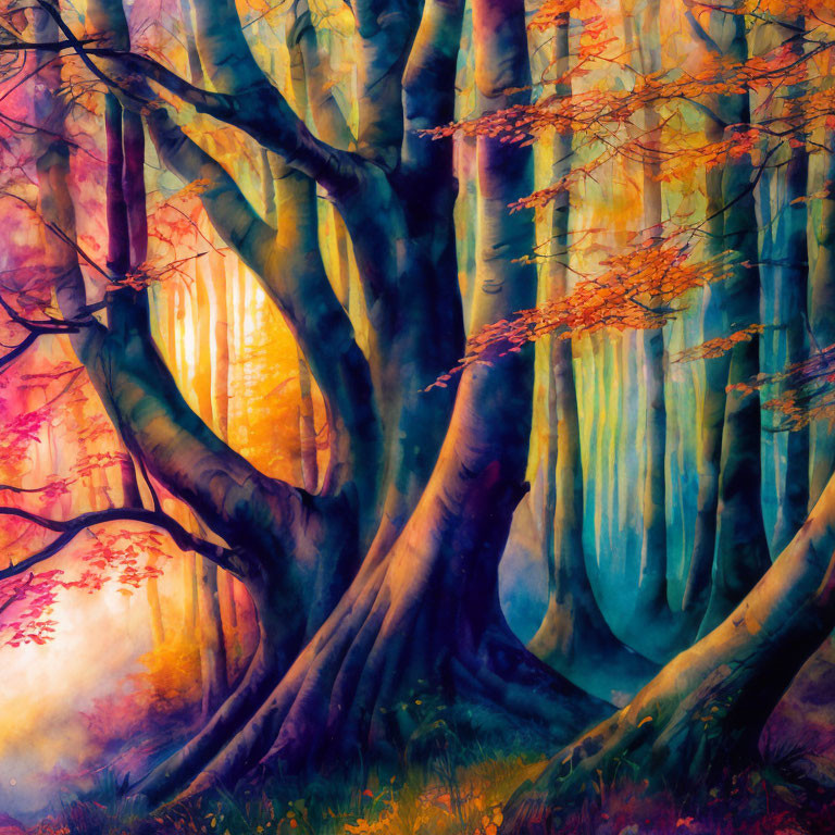 Colorful forest scene with twisted trees and mystical pink and blue fog under warm glowing light