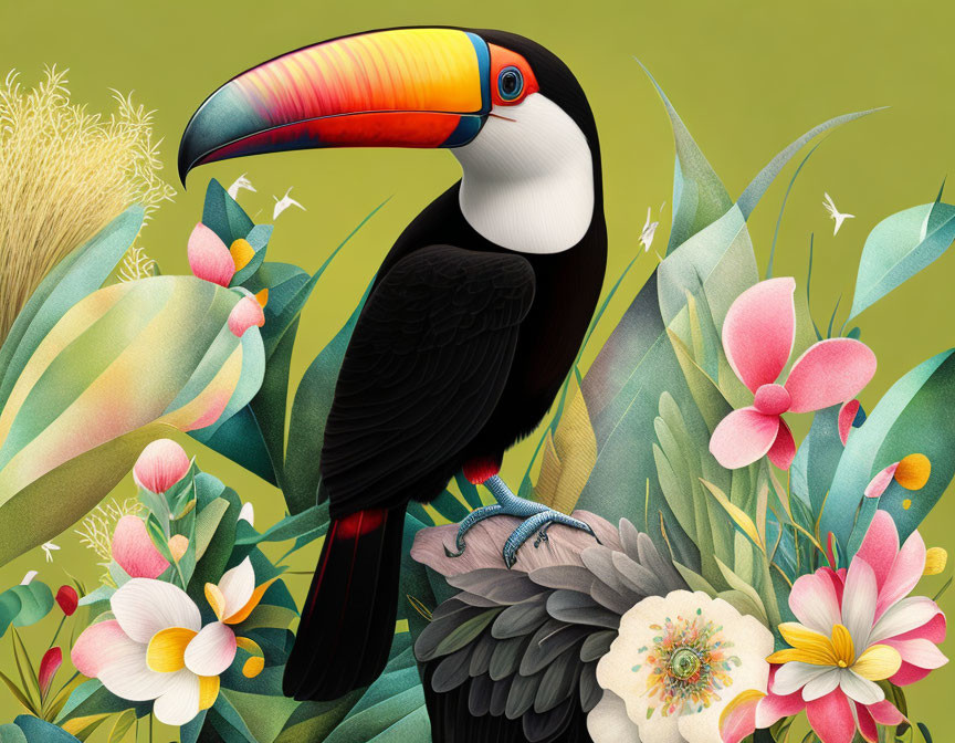 Colorful toucan surrounded by lush tropical flora on green background.