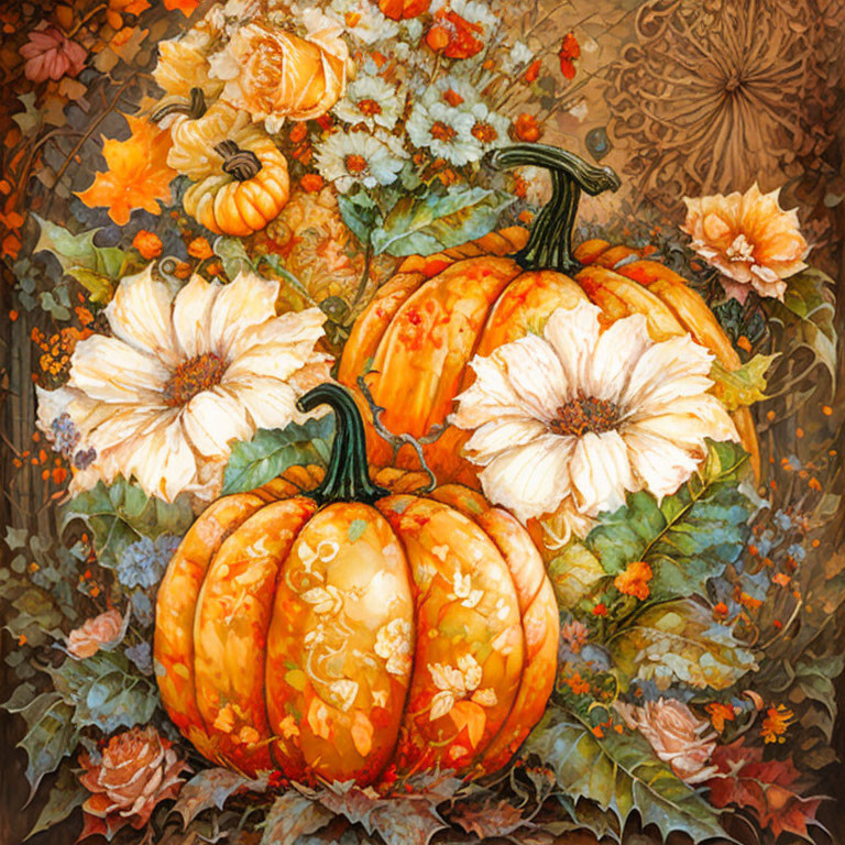 Vibrant autumn-themed painting with pumpkins, flowers, and fall foliage