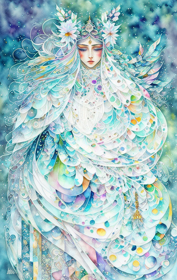 Ethereal female figure in blue and white attire with crystals and feathers