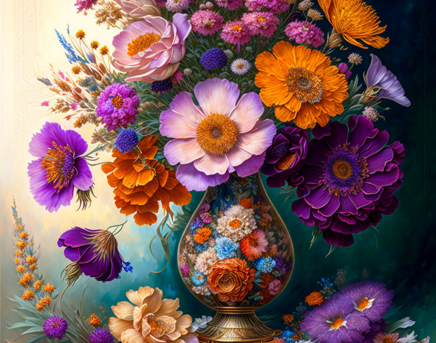 Colorful Flowers Still Life Painting in Ornate Vase on Dark Background