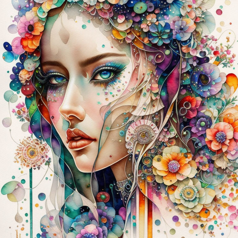 Woman's face adorned with vibrant flowers and ornate jewelry in whimsical illustration