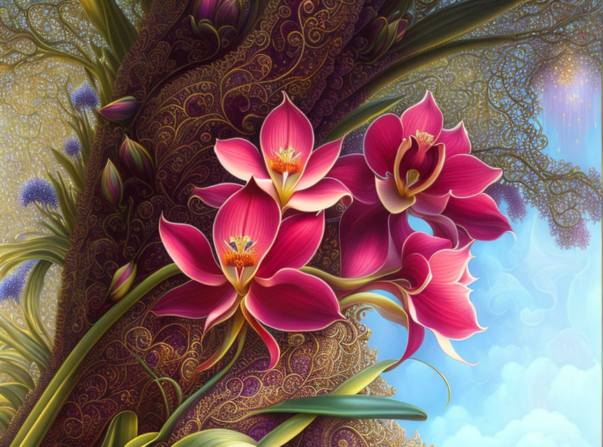 Vibrant pink orchids with detailed petals in a digital painting