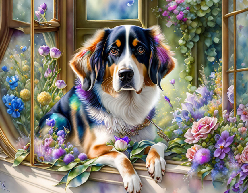 Vibrant painting of a dog with soulful eyes by a window sill