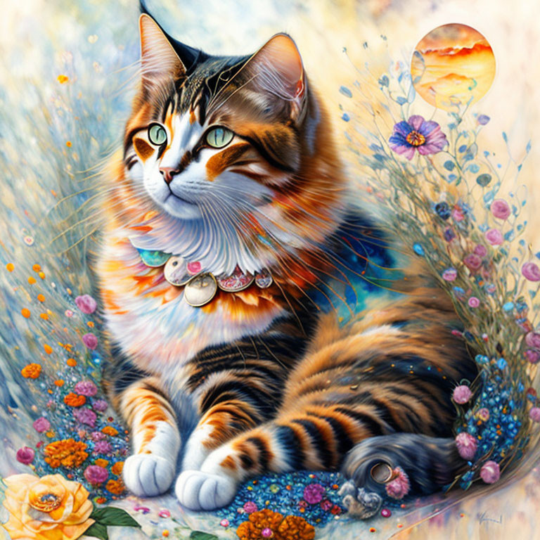 Colorful Cat Among Flowers with Sunset Balloons Illustration