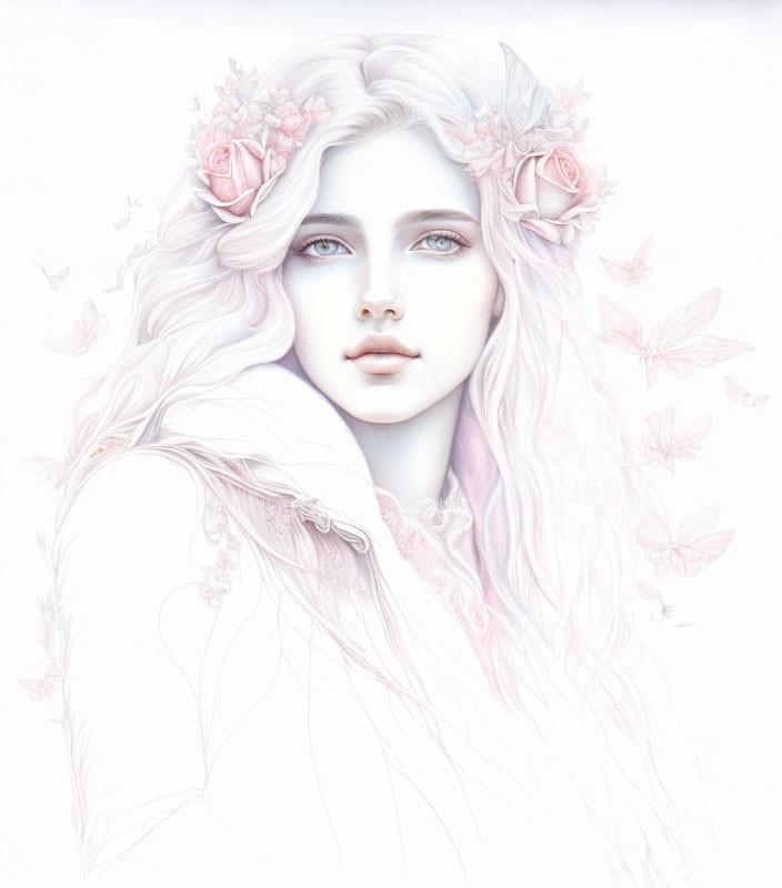 Fantasy portrait of a woman with pale skin and wavy hair, adorned with a floral crown,