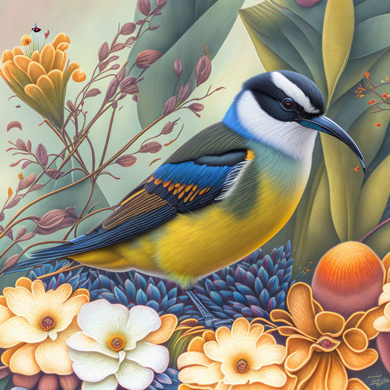 Colorful Bird Perched Among Blooming Flowers and Botanical Details