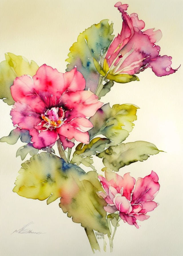 Vibrant Pink Flowers Watercolor Painting with Green Leaves