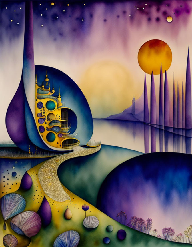 Vibrant surreal landscape with whimsical structures and golden pathway