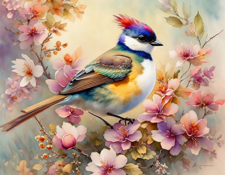 Colorful Bird with Blue Crown Perched Among Pink Blossoms