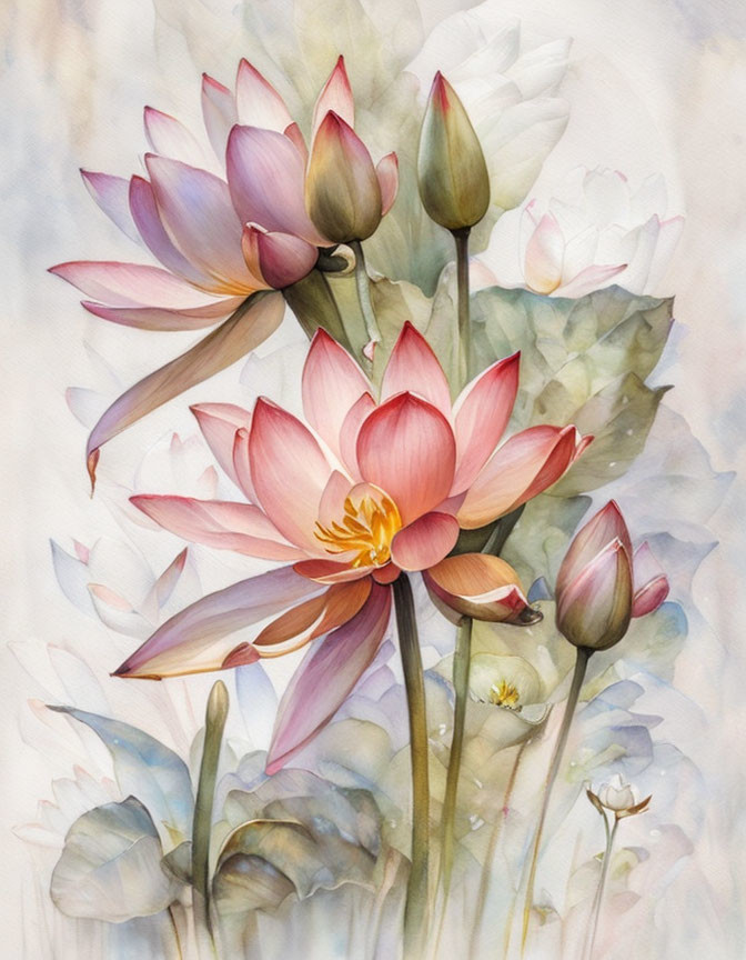 Delicate watercolor painting of blooming lotus flowers