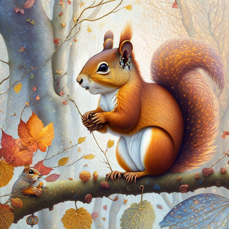 Illustrated squirrel and bird in autumn scene.