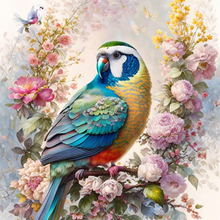 Colorful Parrot Perched Among Pink and Yellow Flowers