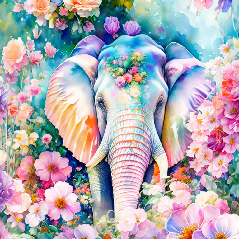 Vibrant whimsical elephant illustration with floral body art