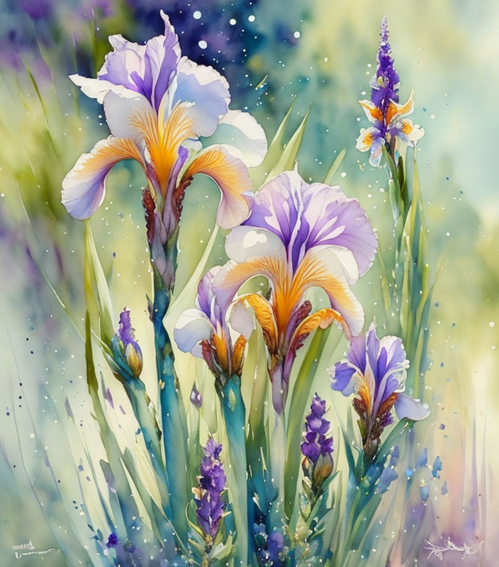 Purple and White Iris Watercolor Painting with Lush Greenery