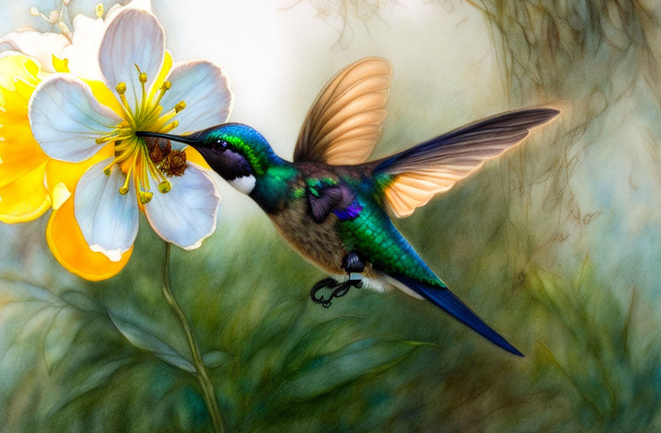 Vibrant hummingbird near bright flower in soft-focused setting