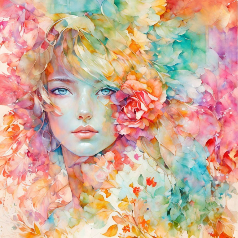 Colorful Watercolor Portrait Surrounded by Flowers