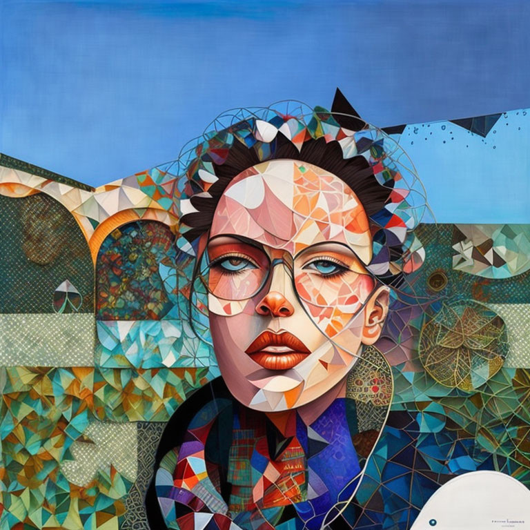 Colorful Geometric Portrait of Woman with Glasses on Blue Background