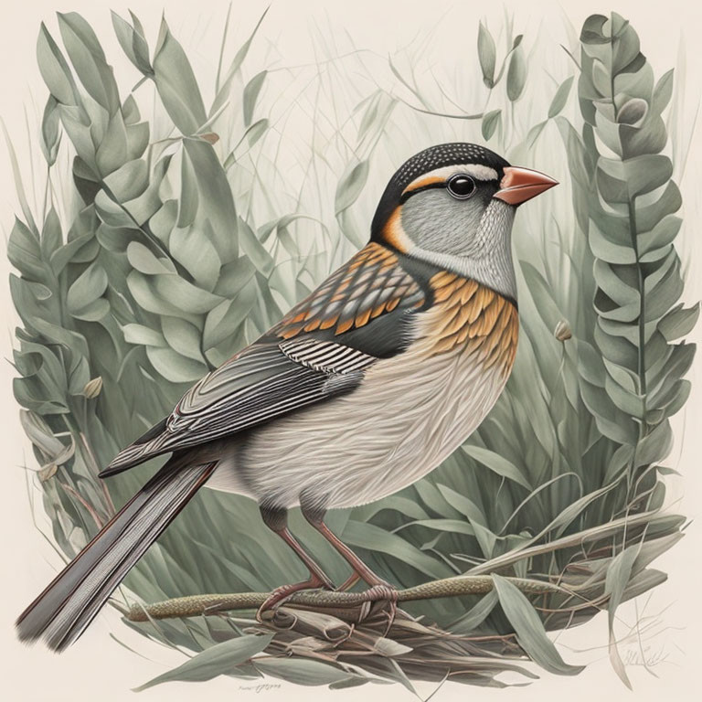 Illustration of bird with black mask, white cheeks, and orange wings on branch in green foliage