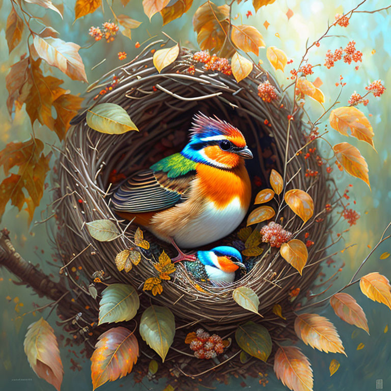 Colorful Birds in Woven Nest with Autumn Leaves and Berries