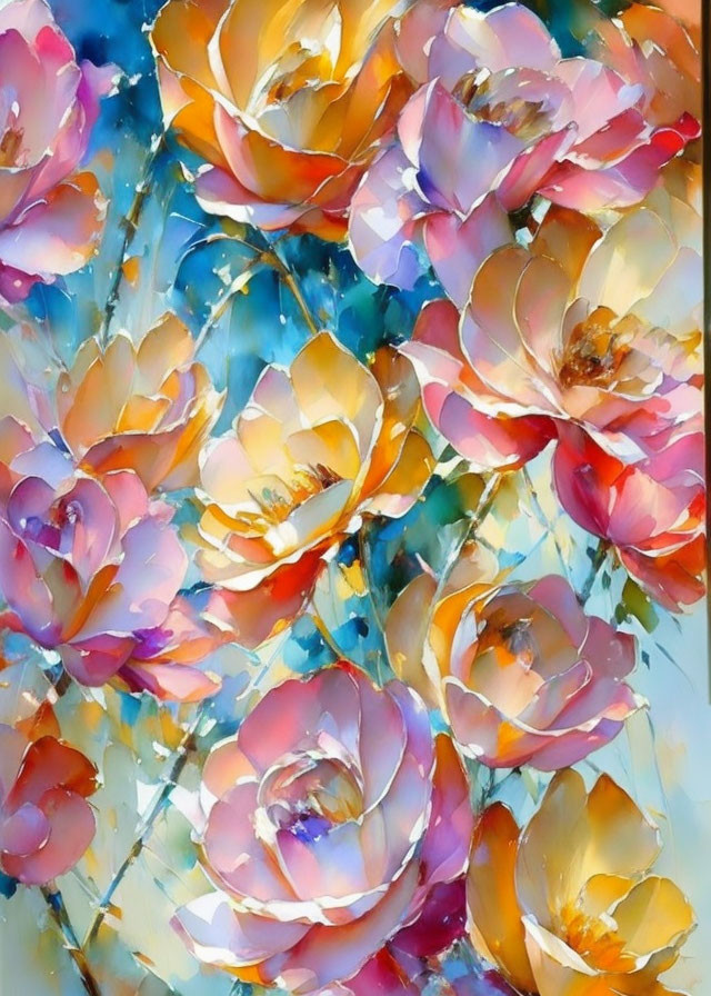 Colorful Floral Painting: Vibrant Roses on Soft Blue Background