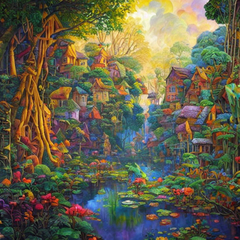 Colorful painting of whimsical village in lush foliage with pond.