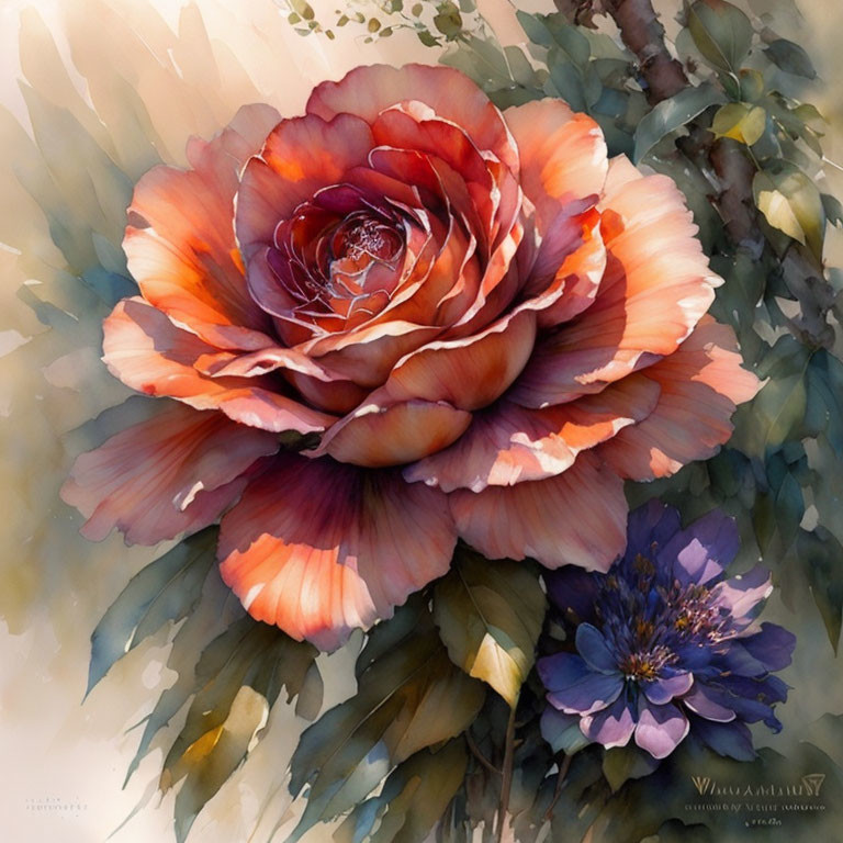 Vibrant Watercolor Painting of Orange-Red Rose and Purple Flower