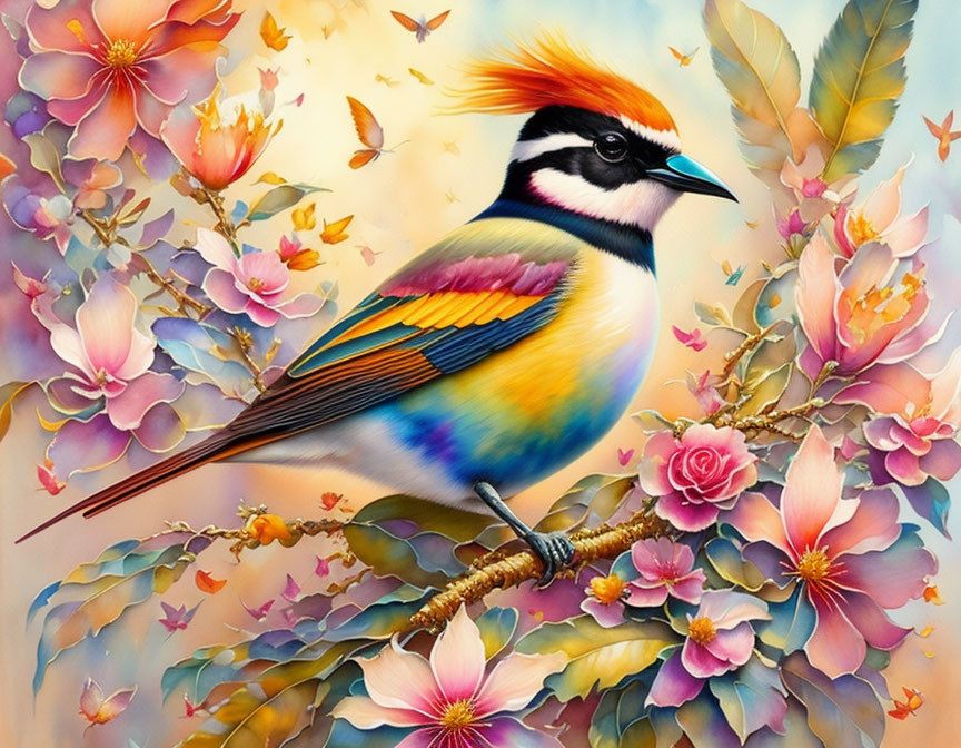 Colorful Crested Bird Amid Pastel Flowers and Foliage