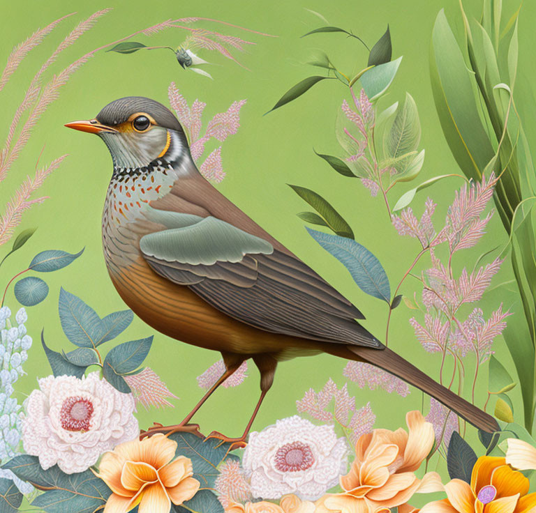 Detailed bird illustration among colorful flowers and leaves with hovering fly