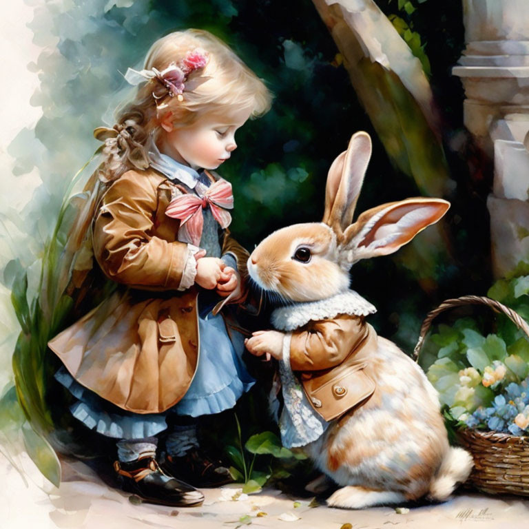 Vintage-dressed girl with life-sized rabbit in garden scene