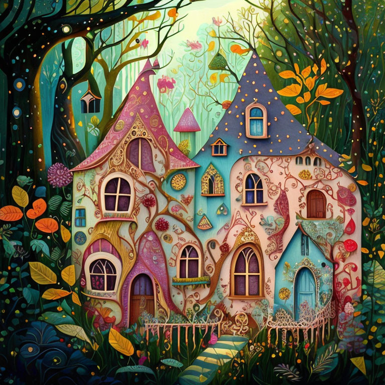 Colorful Fantasy Houses in Enchanted Forest with Intricate Patterns