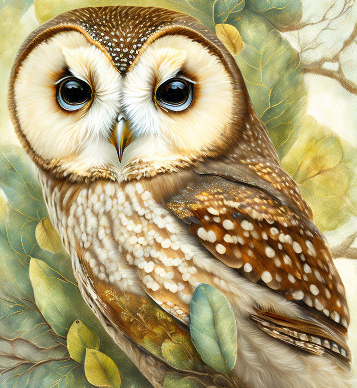 Detailed Brown and White Owl Illustration with Blue Eyes and Leaves