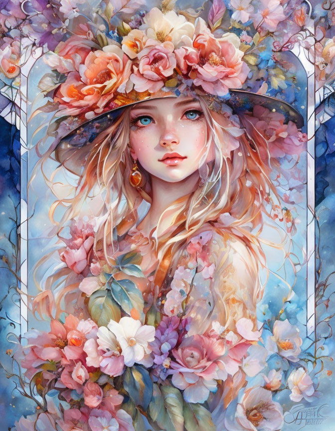 Young woman in floral hat surrounded by colorful flowers and striking blue eyes