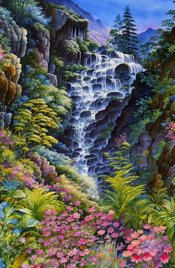 Colorful Waterfall Painting in Mountainous Landscape