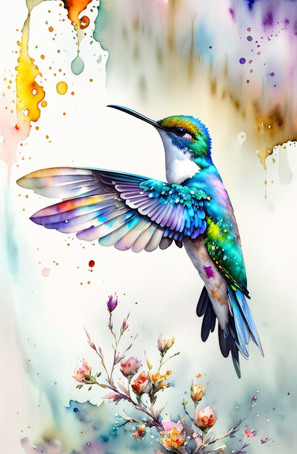 Colorful Hummingbird Watercolor Painting with Flowers and Background Splashes