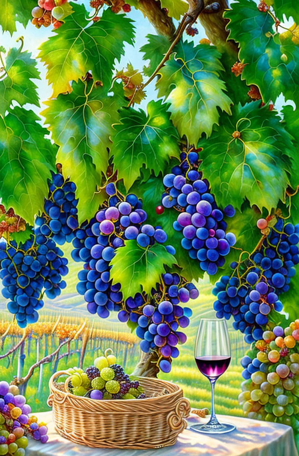 Colorful Grapevine Artwork with Basket, Grapes, and Wine