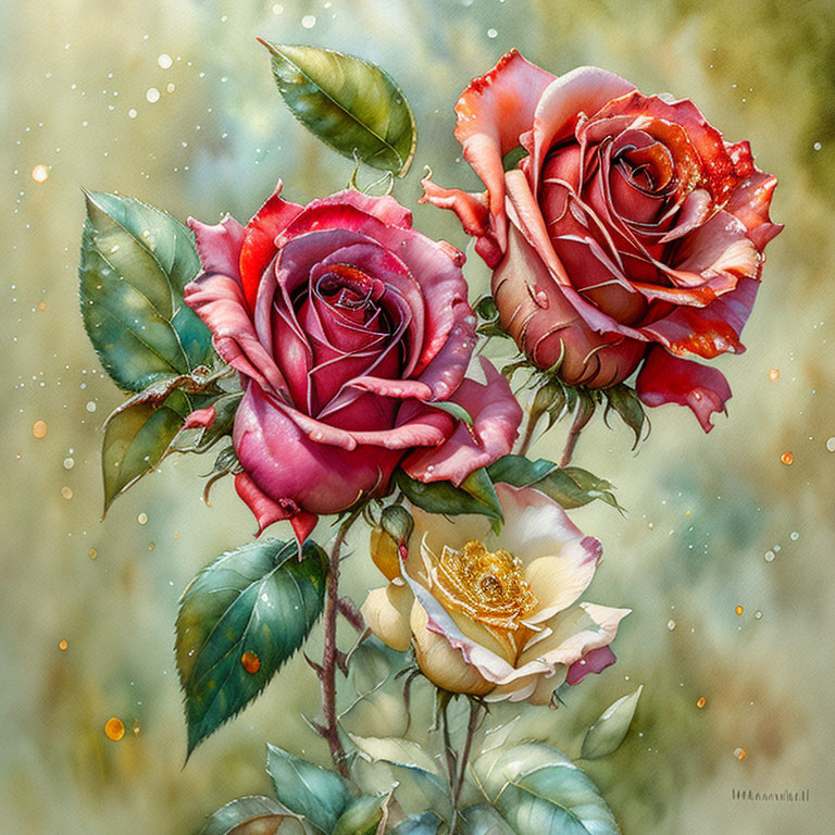 Vibrantly colored roses with water droplets on petals against textured bokeh-light background