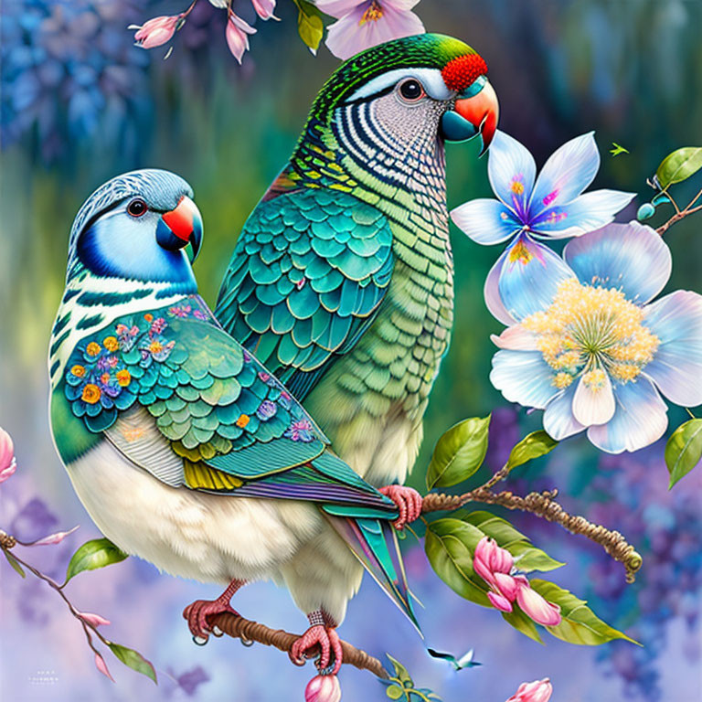 Colorful Parakeets Perched on Branch with Flowers