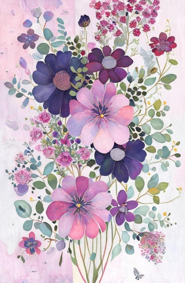 Colorful Illustrated Flowers in Shades of Purple, Pink, and Blue