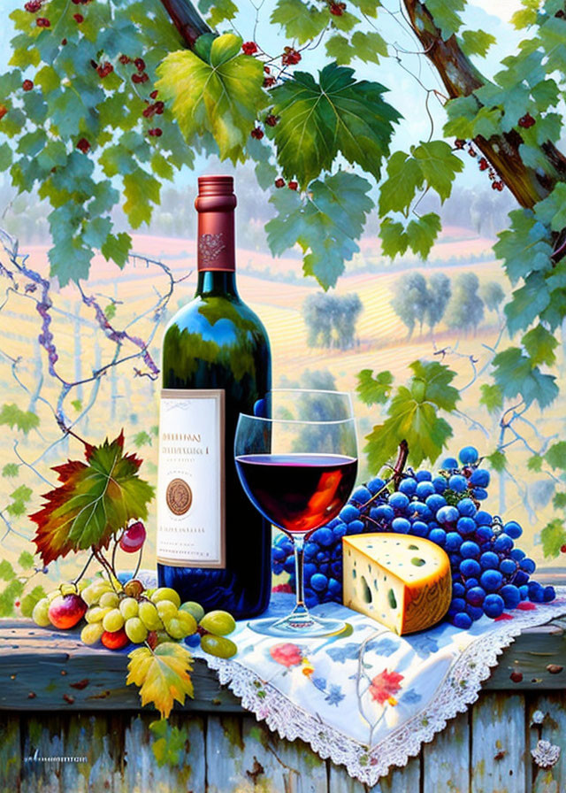 Luxurious still life with red wine, cheese, grapes, and vineyard scenery