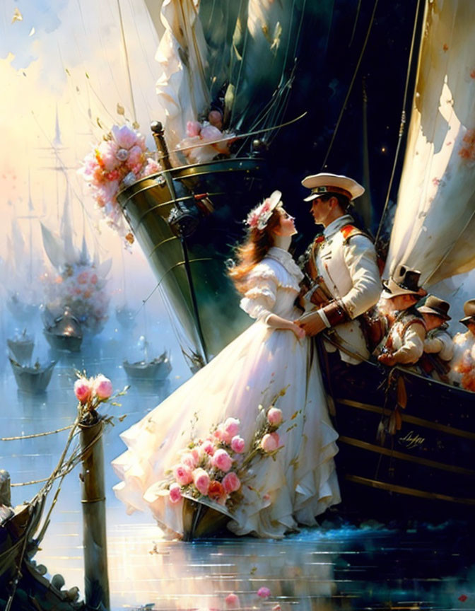 Romantic vintage attire couple embracing on flower boat with musicians