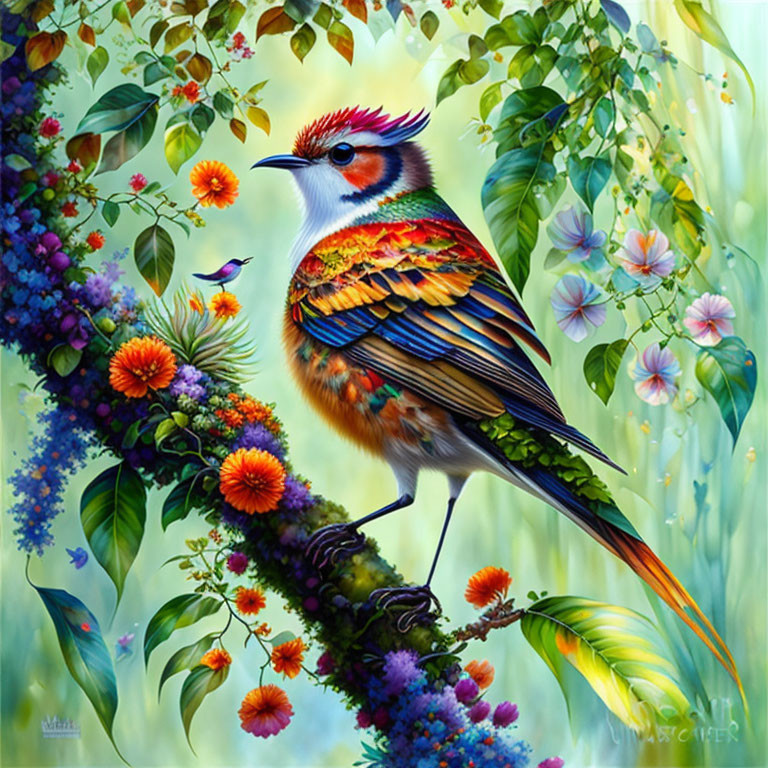 Colorful fantastical bird perched in blooming foliage