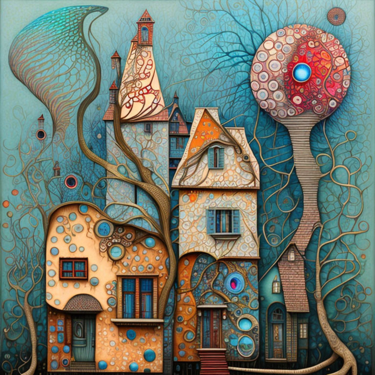 Colorful Stylized Houses and Abstract Trees Painting on Textured Background