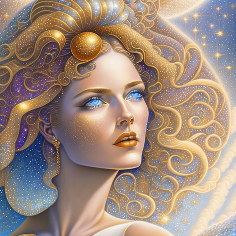 Celestial-themed woman illustration with wavy hair, blue eyes, stars, and glowing orb